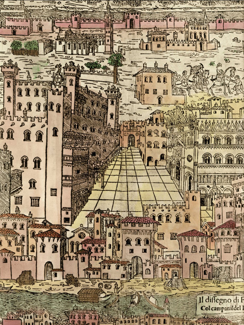 Ferrara: kilátás a városra, egy névtelen fametszet részlete alkotó: Unknown artist