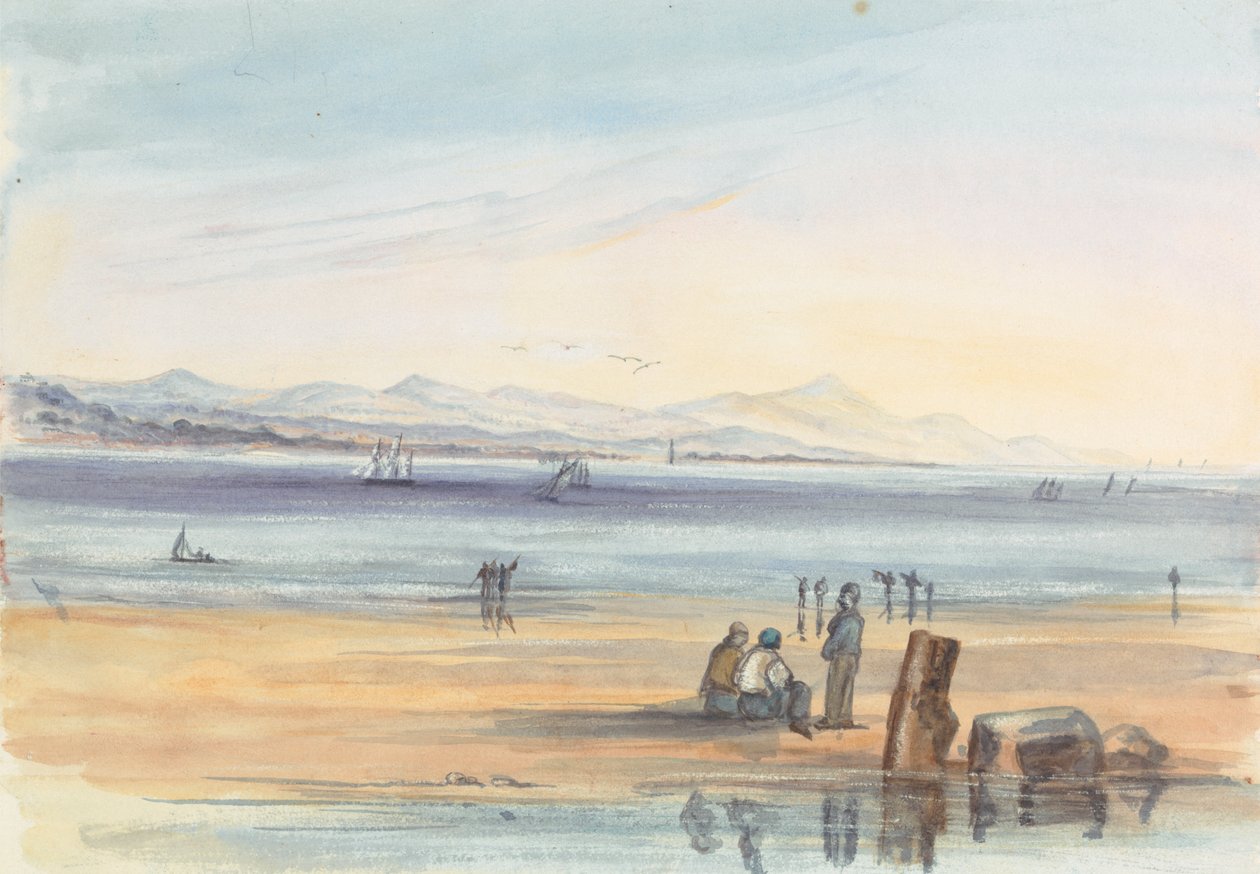 Figurák a tengerparton hegyekkel a távolban alkotó: Unknown artist