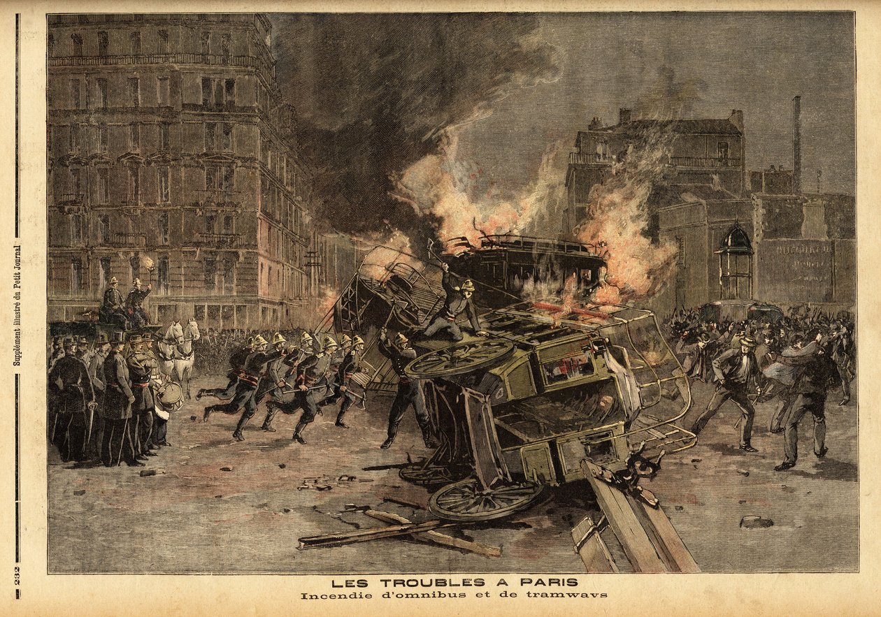 Omnibuszok és villamosok tüze Párizsban: egy brutálisan elfojtott diáktüntetés általános zavargásba fajul. Metszet a „” Le petit Journal”-ban, 1893.07.22. Selva gyűjteménye. alkotó: Unknown artist