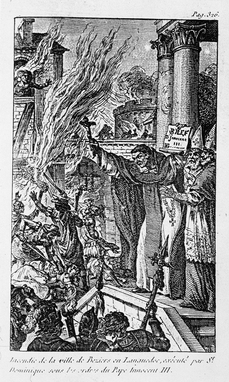 A languedoci Béziers város tűzvész, amelyet Szent Dominika ölt ki III. Innocent pápa parancsára „A vallás bűnei” c. alkotó: Unknown artist