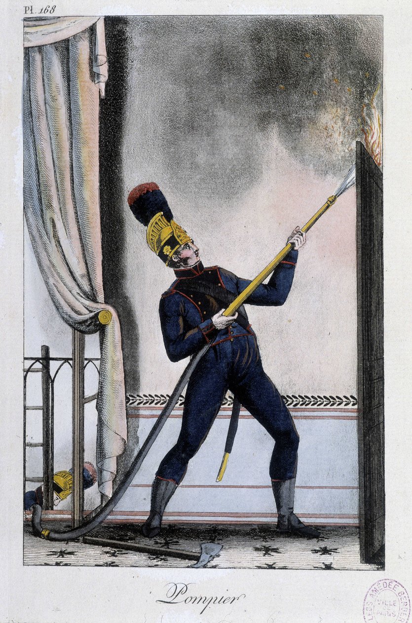 Tűzoltó vízlándzsával, tűz oltása - kb. 1830 alkotó: Unknown artist