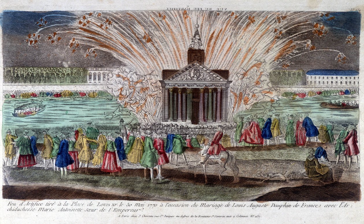 Tűzijáték lőtt a Place de Louis XV 1770. május 30-án, Louis Auguste, a francia Dauphin és Marie Antoinette főhercegnő, a császár nővére házassága alkalmából. 18. század végi metszet. alkotó: Unknown artist