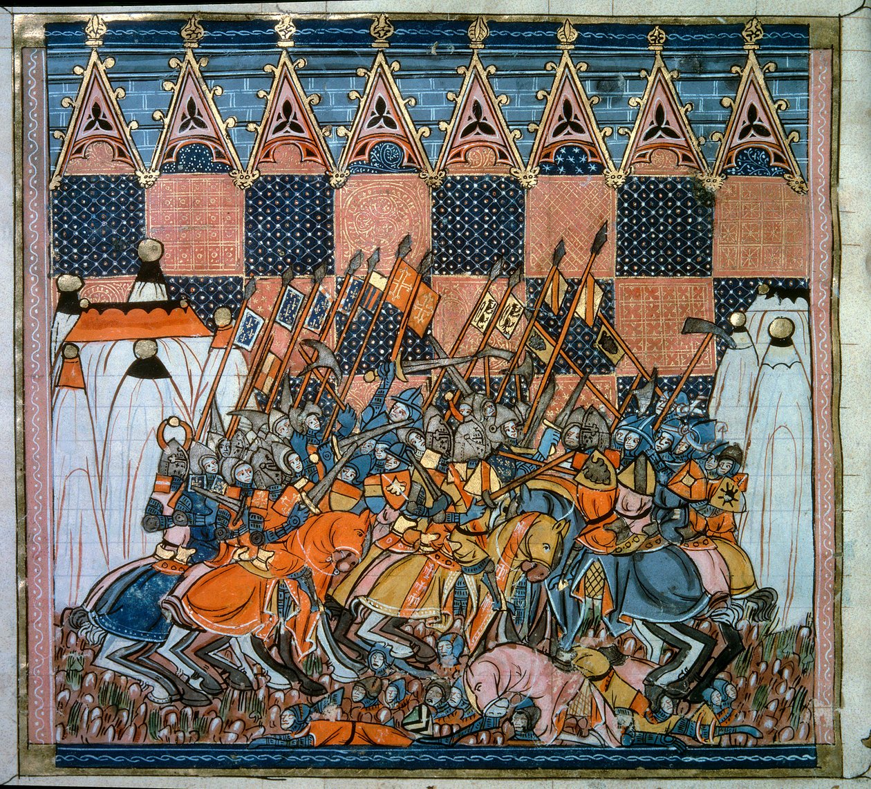 Első keresztes hadjárat: Jeruzsálem ostroma és elfoglalása a Godefroy de Bouillon (1058-1100) által vezetett átkelők által 1099-ben. Miniatűr a „Chronicles d
