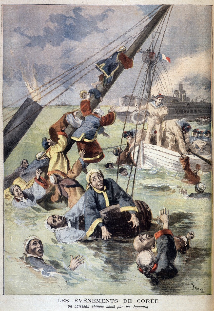 Első kínai-japán háború – Koreai események: Japánok elsüllyesztettek egy kínai hajót. Illusztráció - az 1894. augusztusi "Le Petit Journal"-ban (metszet) alkotó: Unknown artist