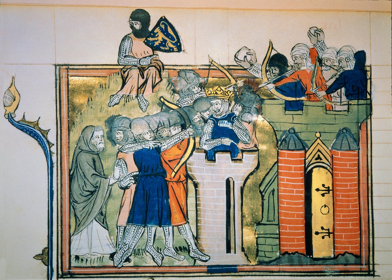 Az első keresztes hadjárat: Godefroi (vagy Godefroy) Bouillonból (1058-1100) egy kerek toronyban megtámadta Jeruzsálemet 1099-ben. Miniatűr a „” Roman De Godefroy De Bouillon et de Saladin”-ból” alkotó: Unknown artist