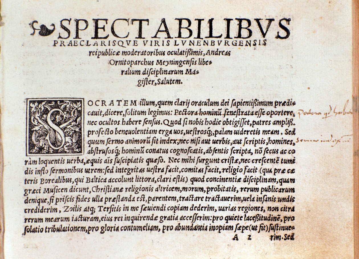 Andree Ornitoparchi (Andreas Ornithoparchus) "A mikrológus ének művészete" első oldala 1533 Bologna, Polgári Zenei Múzeum alkotó: Unknown artist