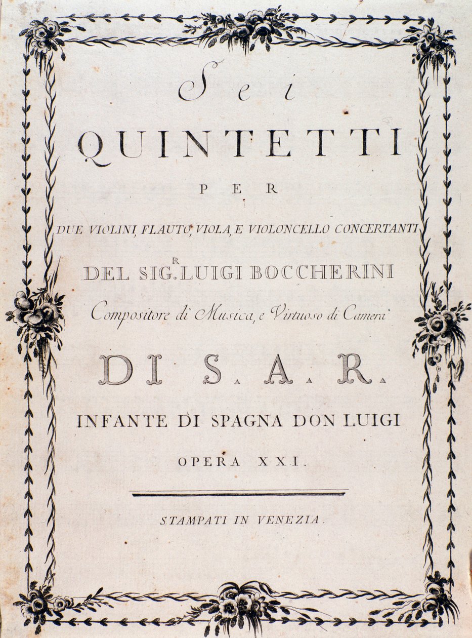 Luigi Boccherini "" hat kvintettje két hegedűre, brácsafuvolára és csellóra "" kottájának első oldala alkotó: Unknown artist