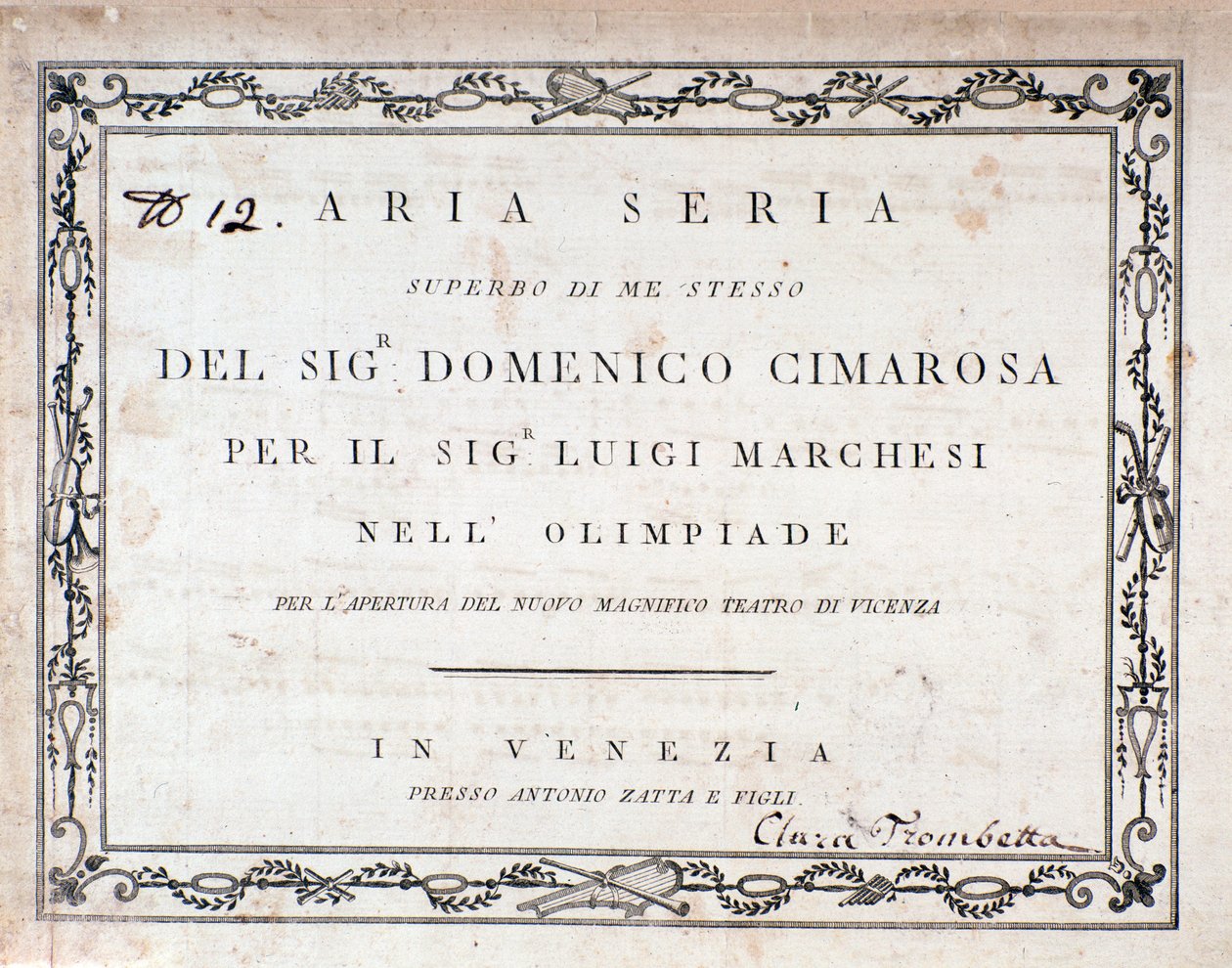 Domenico Cimarosa Aria Seria című kottájának első oldala alkotó: Unknown artist