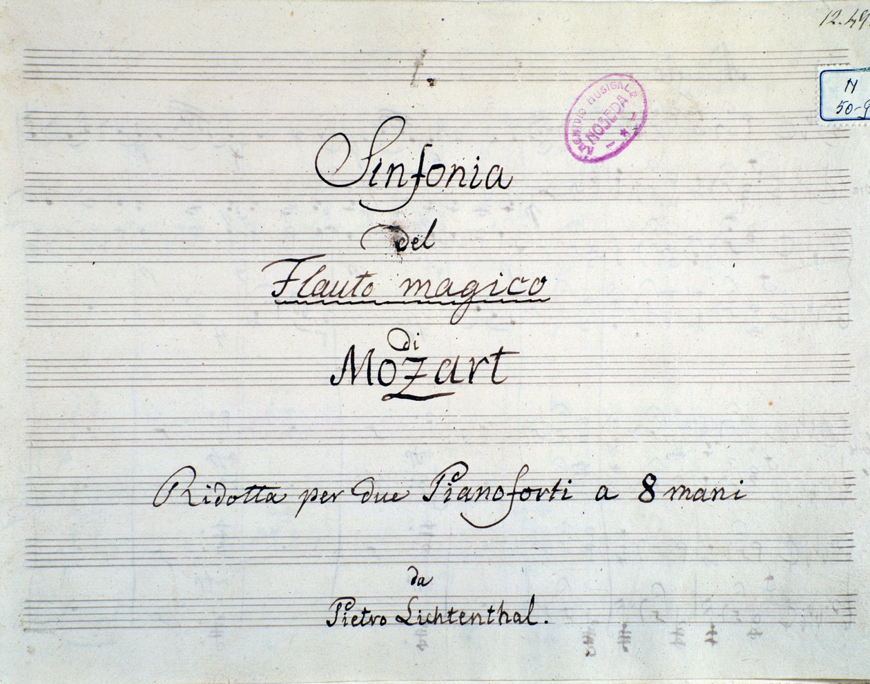 A szimfónia partitúrájának első oldala két zongorára és nyolc kézre redukálva, a Die Zauberflote, Mozart operája, Lichtenthal változat (XIX. század) alkotó: Unknown artist