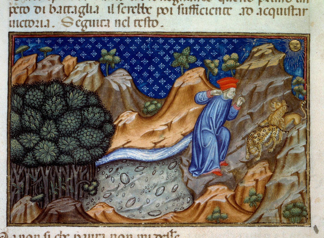 A Pokol első dala, egy párduc ellenzi Dante átvonulását. Dante Alighieri (1265-1321) „” Isteni színjáték” (Divina Commedia) illusztrációja. Miniatűr 15. századi kéziratból. Paris, B.N. alkotó: Unknown artist