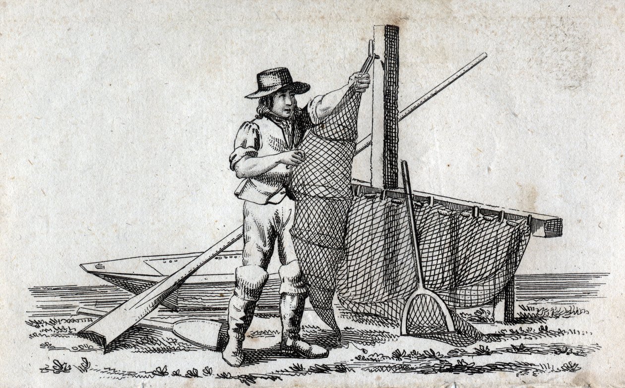 Halász és halháló. Szép metszet a 18. századból. Magángyűjtemény. alkotó: Unknown artist
