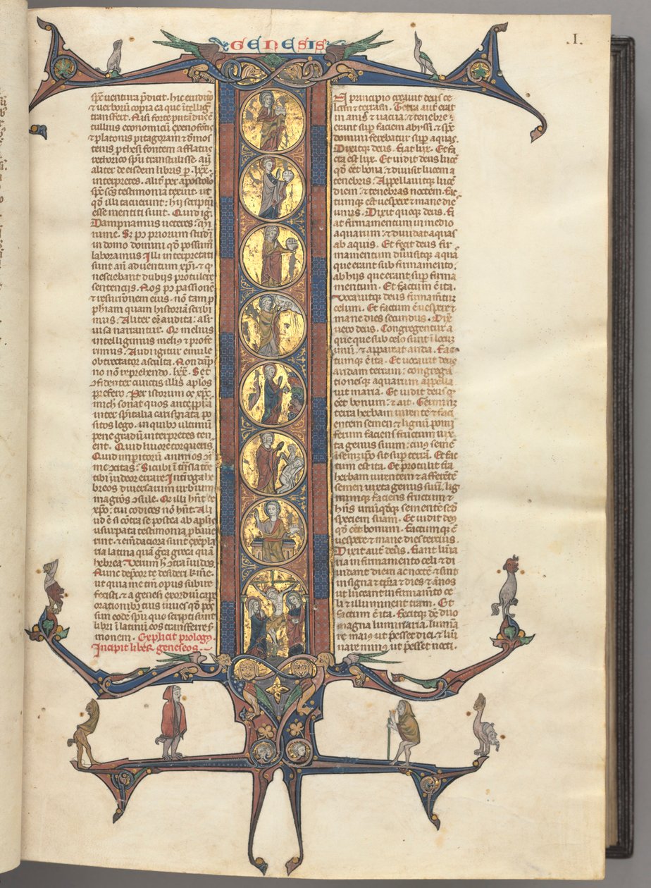 Fol. 1r, Genesis, egész alakos, történeti I-es kezdőbetűvel, a teremtés és a keresztre feszítés ábrázolásával, mindez fényezett arany alapon, rózsaszínű és kék keretben, felül és alul csúcsíves sárkány- és lombhajtásokkal, amelyeken egy-egy variáns ül. alkotó: Unknown artist