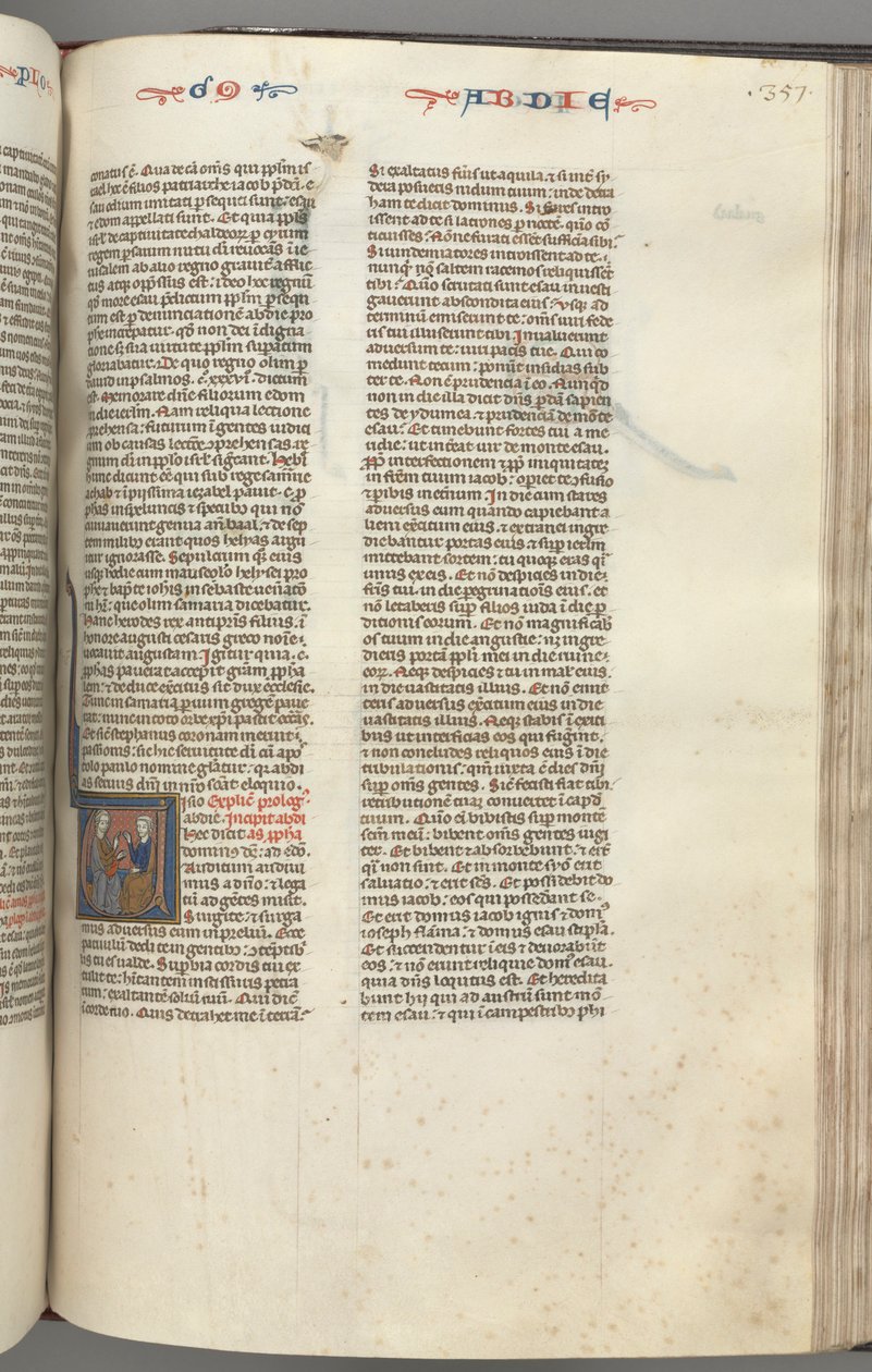 Fol. 357r, Obadiah, V. kezdőbetűvel, Obadiah és egy zsidó beszélgetésben alkotó: Unknown artist