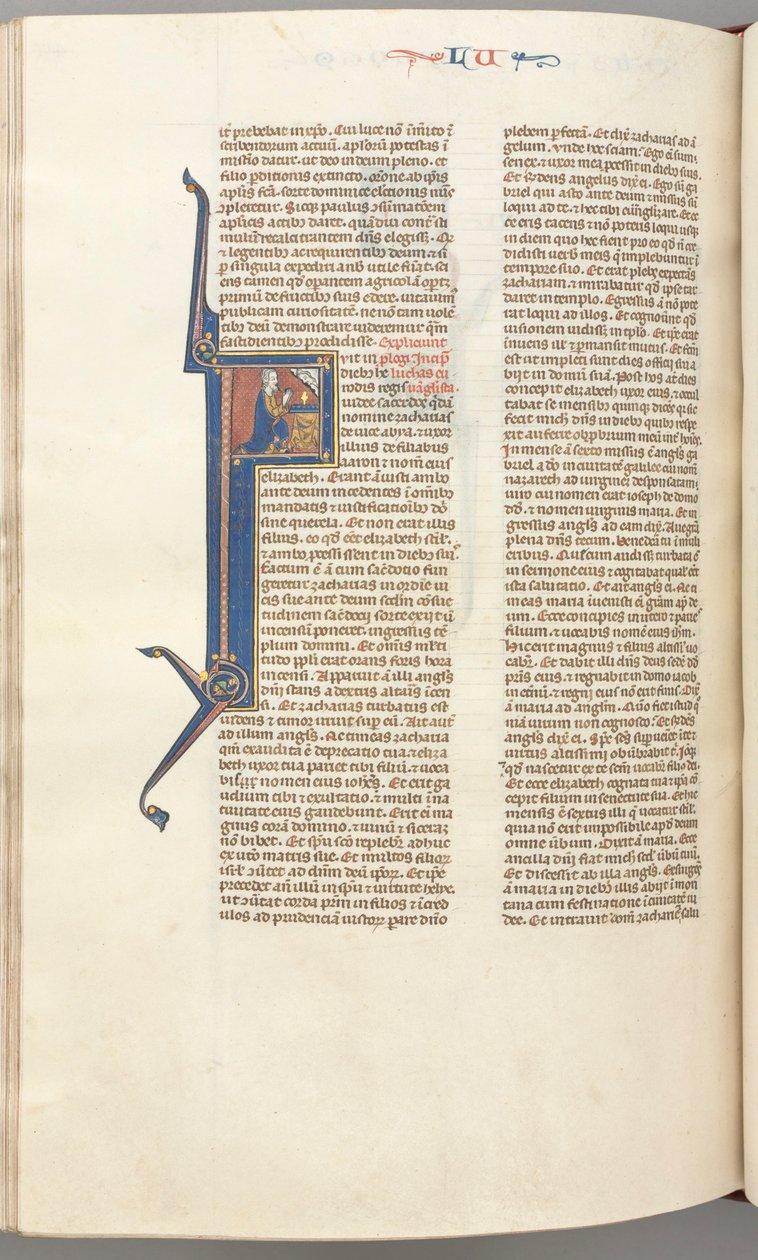 Fol. 412v, Lukács, történeti F kezdőbetű, Lukács imádkozik egy oltárnál, fölötte Isten mellképe. alkotó: Unknown artist