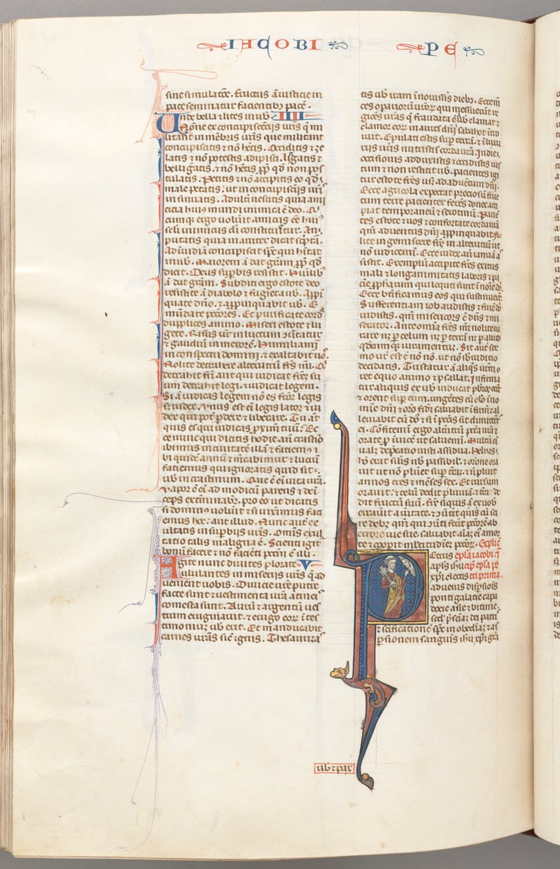 Fol. 477v, Péter, historirozott P kezdőbetű, Péter egy kulccsal, a fenti Isten mellszoborral beszélget. alkotó: Unknown artist