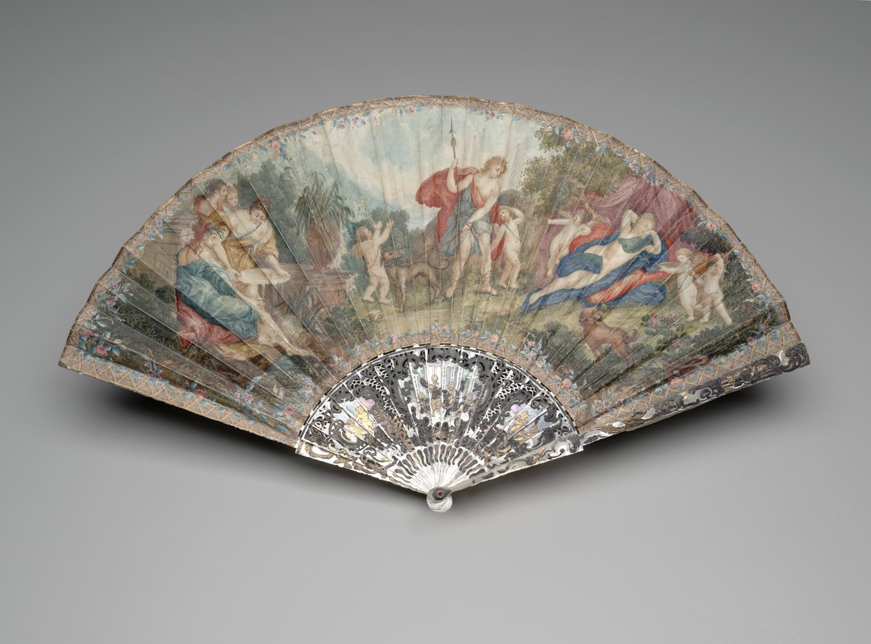 Összecsukható ventilátor "Adonis Led by Cupids to Venus" nevével, Francesco Albani nevével, 1720-1730-as évek hegyével, 1720-1730-as évek körüli védőrácsokkal és 1740-1750-es évek körül (guache és akvarell dupla pergamenlevélen, gyöngyház, aranyozás és pas alkotó: Unknown artist