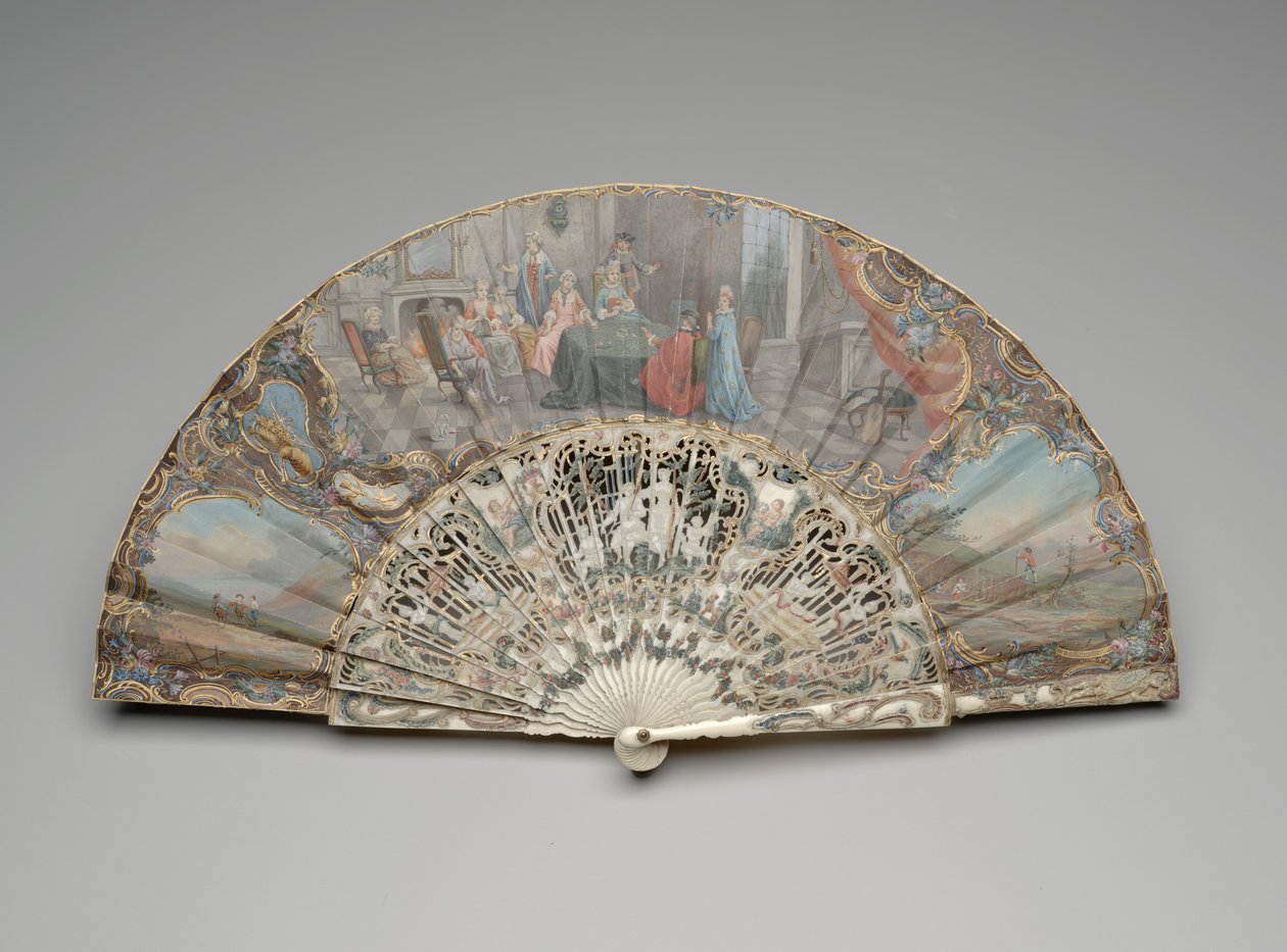 Összecsukható legyező kártyajátékosok jelenetével, divatos belső térben, 1740-50-es évek (guache és akvarell egyetlen pergamenlevélen, elefántcsonton vagy csonton, aranyozás, gouache, selyem és sárgaréz) alkotó: Unknown artist