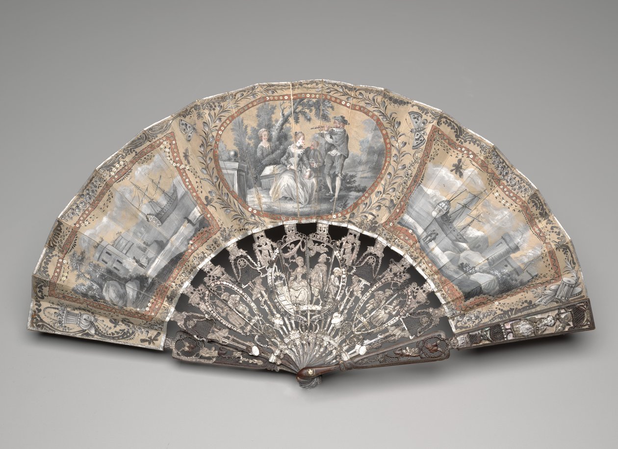 Összecsukható legyező "grisaille" jelenetekkel, 1780-as évek (gouache dupla selyemlevélen, sárgaréz, fémszál, csont vagy elefántcsont, aranyozás, gyöngyház és paszta drágakövek) alkotó: Unknown artist