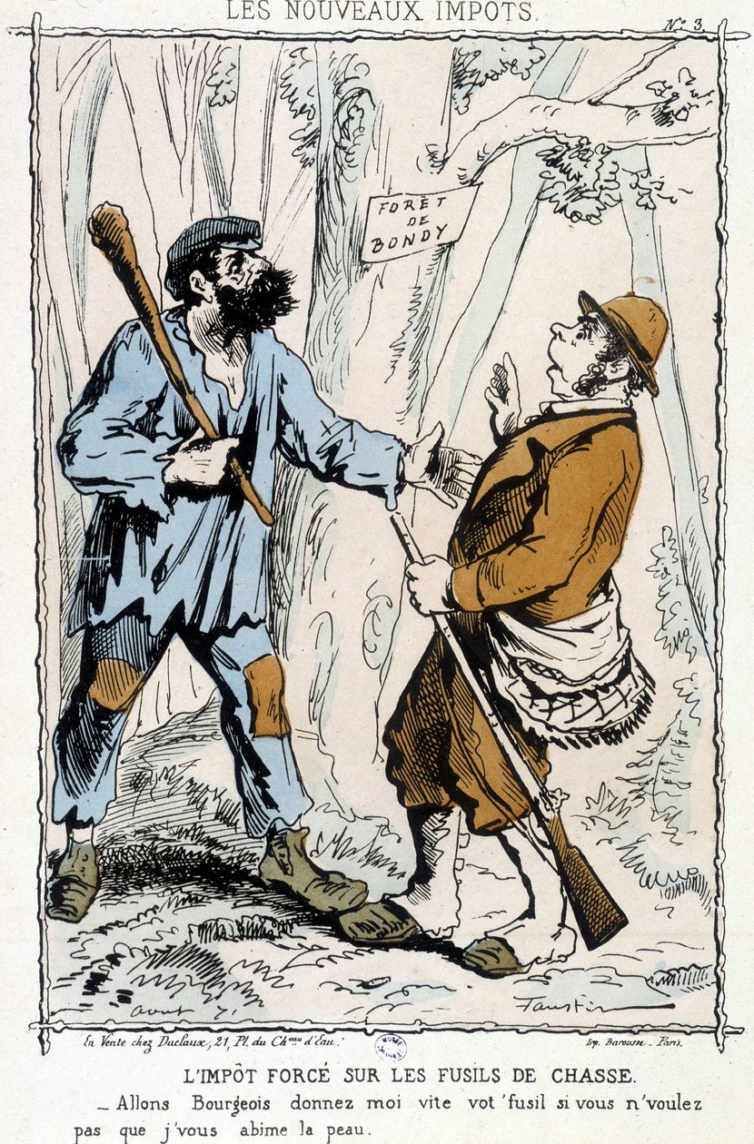 Kényszeradó a sörétes puskákra: "Menjünk burzsoj, add gyorsan a fegyvered, ha nem akarod, hogy tönkretegyem a bőrödet" - karikatúra az "új adókról" alkotó: Unknown artist