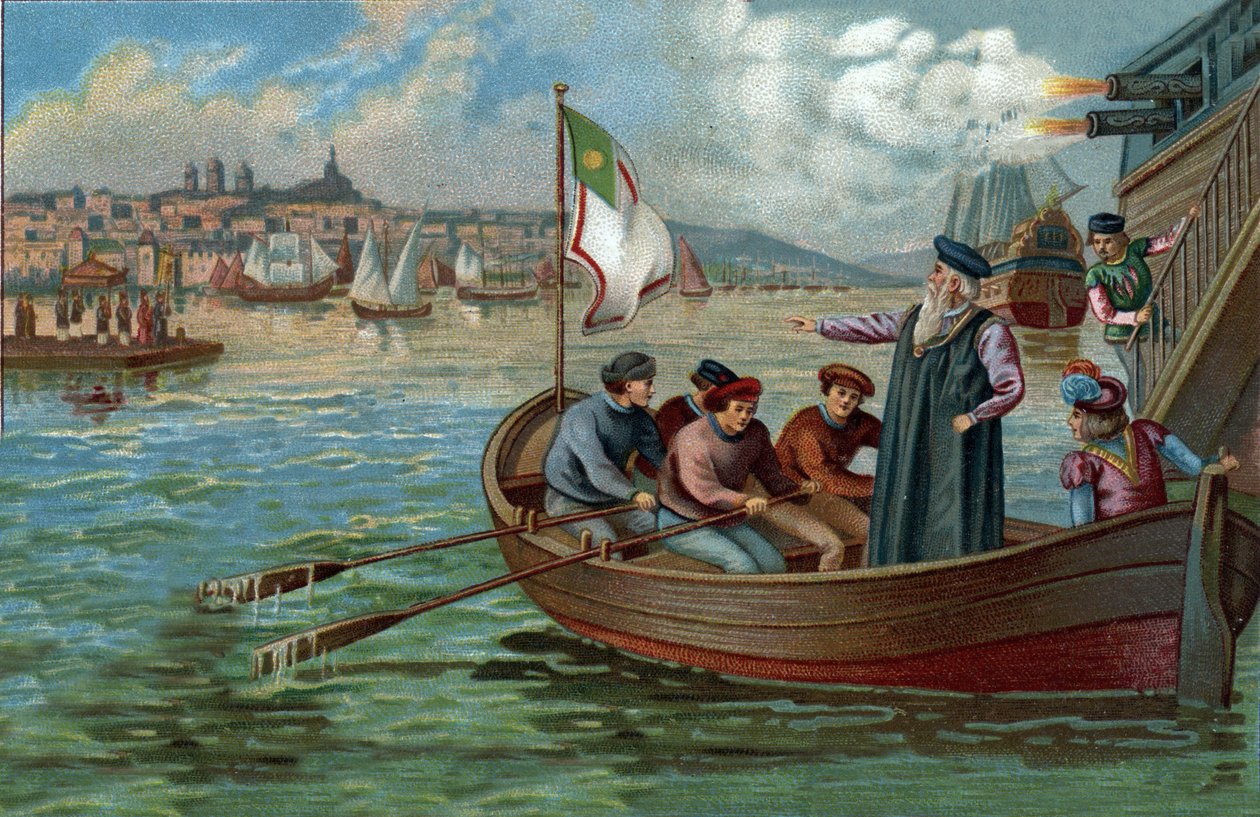 Korábbi bevásárlóközpontok: Vasco de Gama (1469-1524), portugál navigátor visszatér Portóba, Portugáliába. A 19. század végének kromolitográfiája alkotó: Unknown artist