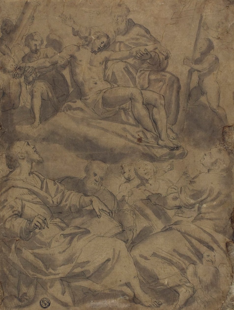 Négy evangélista és Isten látomása, amint a halott Krisztust a szenvedés eszközeivel tartja. alkotó: Unknown artist