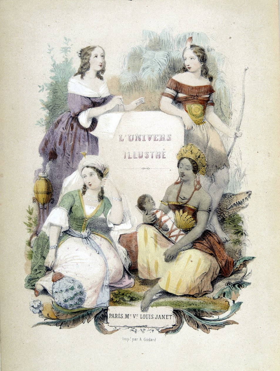 Négy nő a világ négy sarkát képviseli – Alfred des Essarts „The Illustrated Universe: Living Geography” című művének előlapja alkotó: Unknown artist