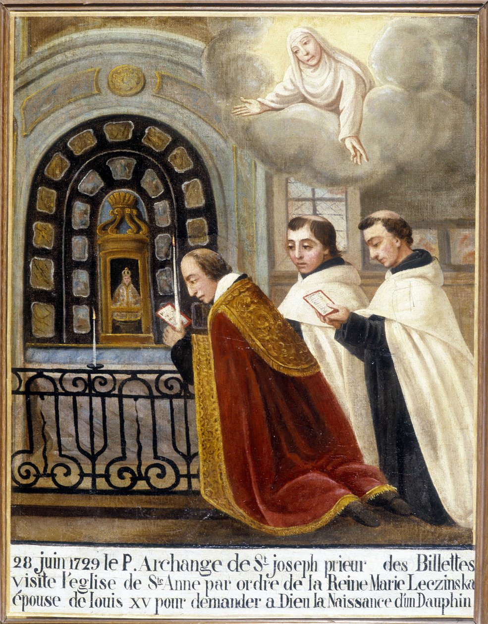 Szent József arkangyal atya, a Billettes priore, Mária Leszczynska királynő, XV. Lajos felesége parancsára meglátogatja a Szent Anna templomot, hogy kérje Istentől egy delfin születését, 1729. június 28. - Ex-Voto Sainte Anne d