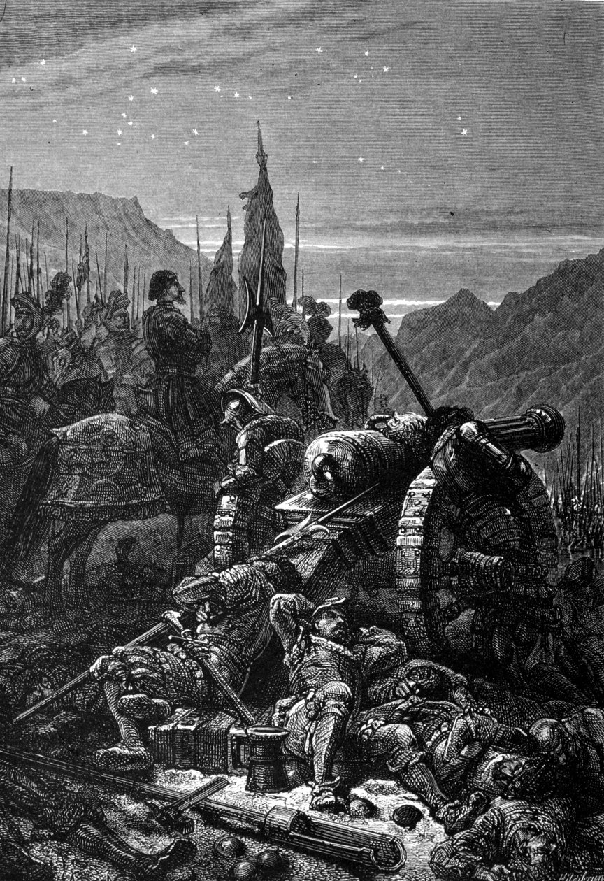 I. Francois (1494 - 1547) a marignani csata előtti éjszakán, 1515 szeptemberében nyeregben maradt. 19. századi metszet. alkotó: Unknown artist