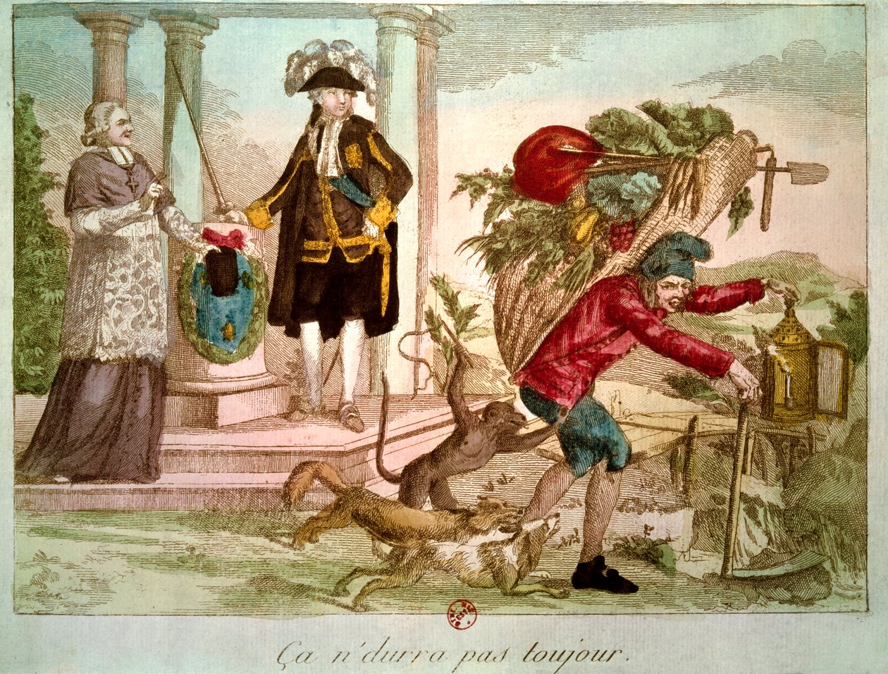 Francia forradalom: „” Nem mindig tart „”: paraszt, akit elborít egy elöljáró és egy nemes. 18. századi metszet. B.N., Párizs. alkotó: Unknown artist
