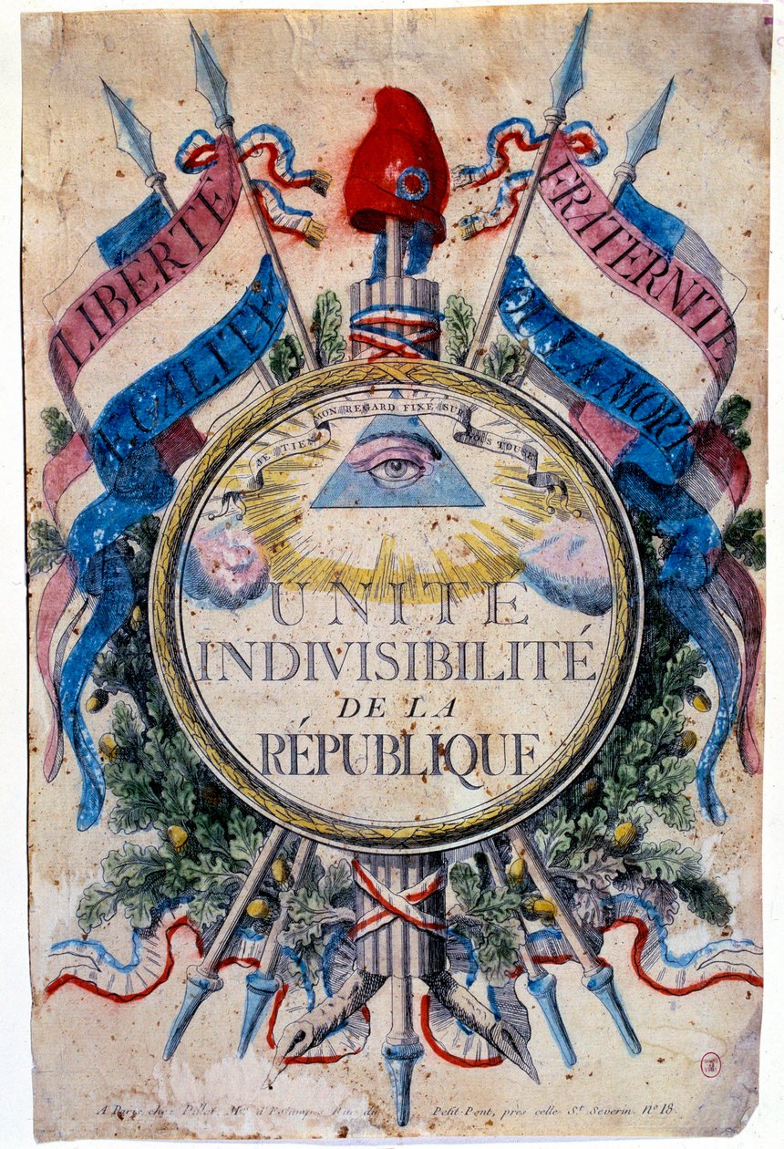 Francia forradalom: "" Liberte, egalite, testvériség vagy halál. Egyesítse a köztársaság oszthatatlanját”, a forradalmi szimbólumokat alkotó: Unknown artist