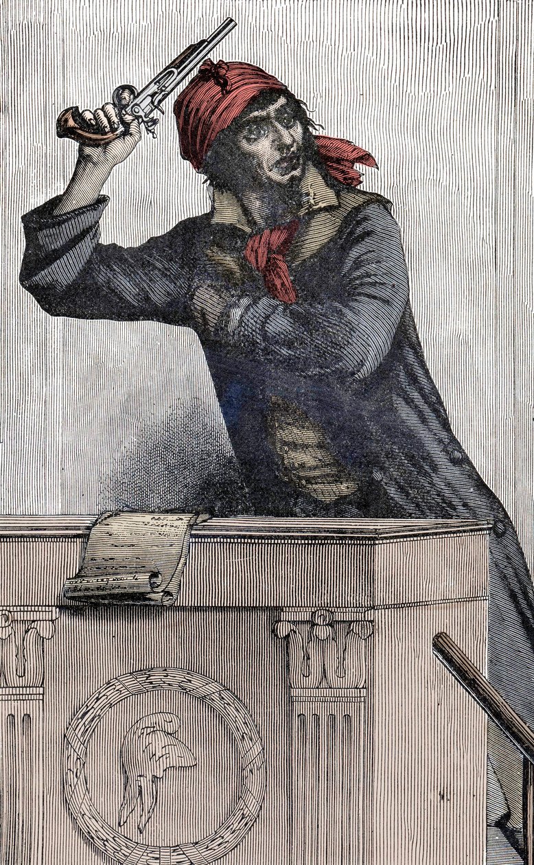 Francia forradalom: Jean Paul Marat (1743-1793) portréja, a konvent Montagnard-i képviselője, pisztolyt ágaz a pódiumon - alkotó: Unknown artist