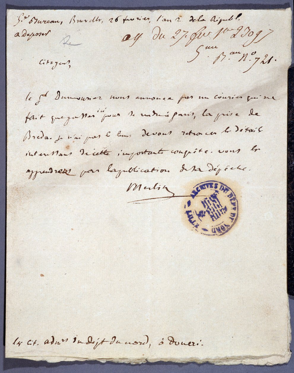 Francia forradalom: 1793. február 26-án kelt, kézzel írott levél egy Merlin névtől a hollandiai Breda város elfoglalásáról Dumouriez tábornok február 24-én. Nord Lille Osztályi Levéltára alkotó: Unknown artist