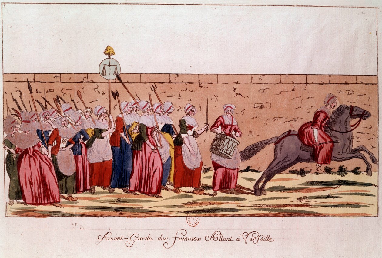 1789-es francia forradalom: 1789. október 5-én az avantgarde des femmes Versailles-ba indul. 18. századi metszet. Paris, B. N. alkotó: Unknown artist