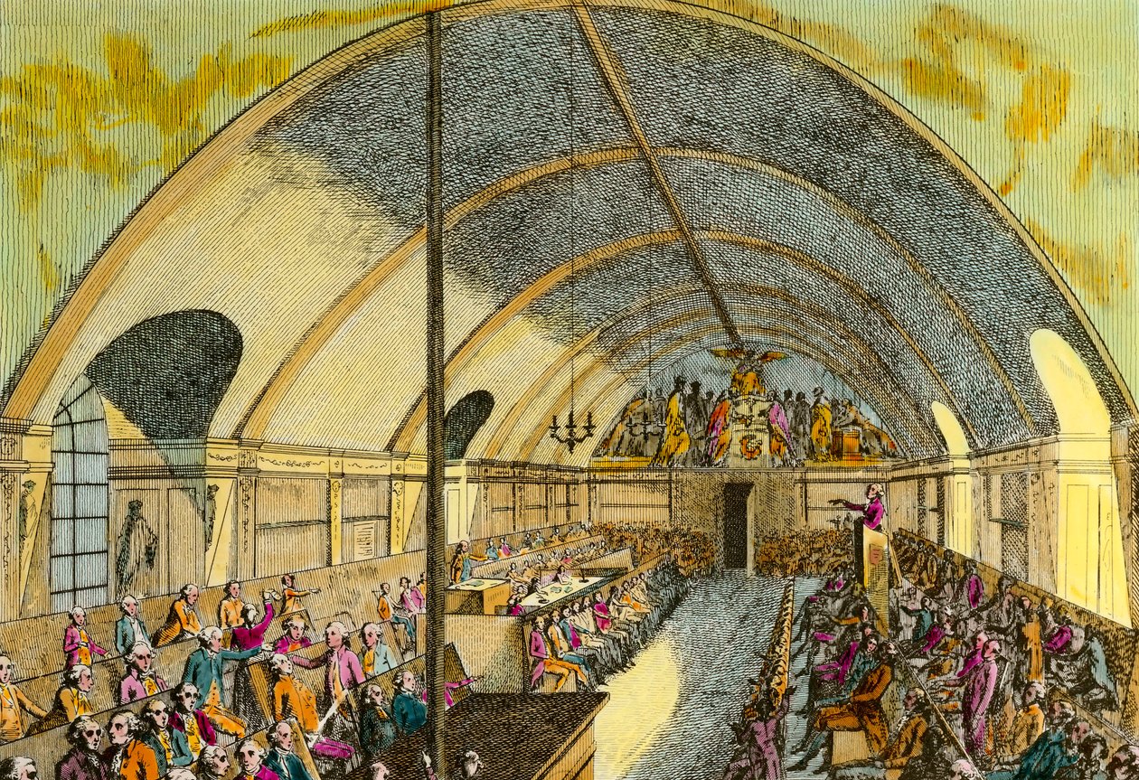 Francia forradalom: az 1789-ben Versailles-ban és 1789 októberében Párizsban alapított „Societe des amis de la Constitution” politikai társaság vagy Club des Jacobins ülésének képviselete az itt képviselt jakobinusok kolostorában. 18-i metszet alkotó: Unknown artist