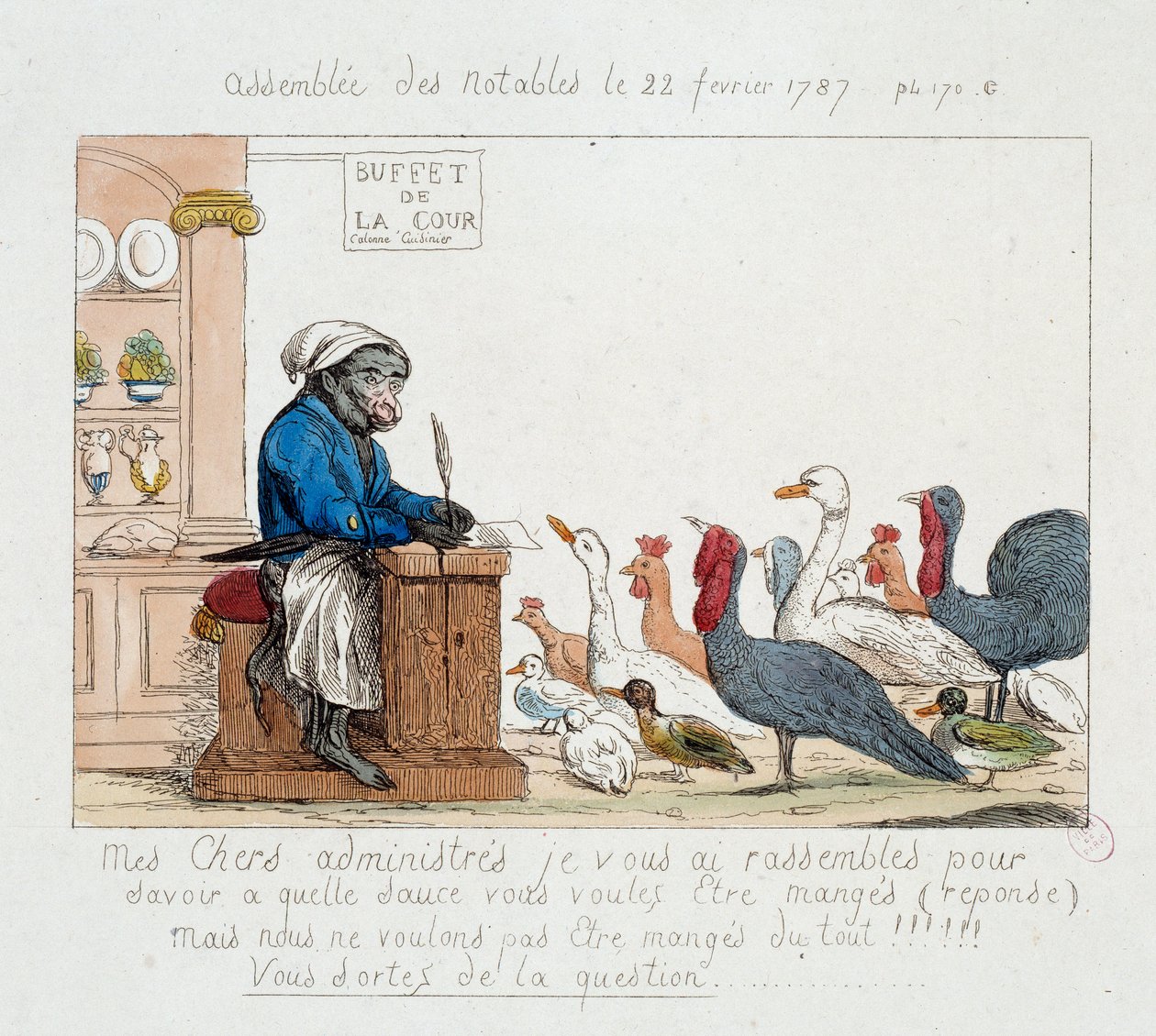 Francia forradalom: „” the Assembllee des notables du 1787. február 22.”” Karikatúra, amely XVI. Lajos királyt ábrázolja majomszakácsban, aki a pulykákból, tyúkokból, libákból és pulykákból álló gyűlésen elnököl. 18. századi rajz. Paris Musée Carnavalet alkotó: Unknown artist