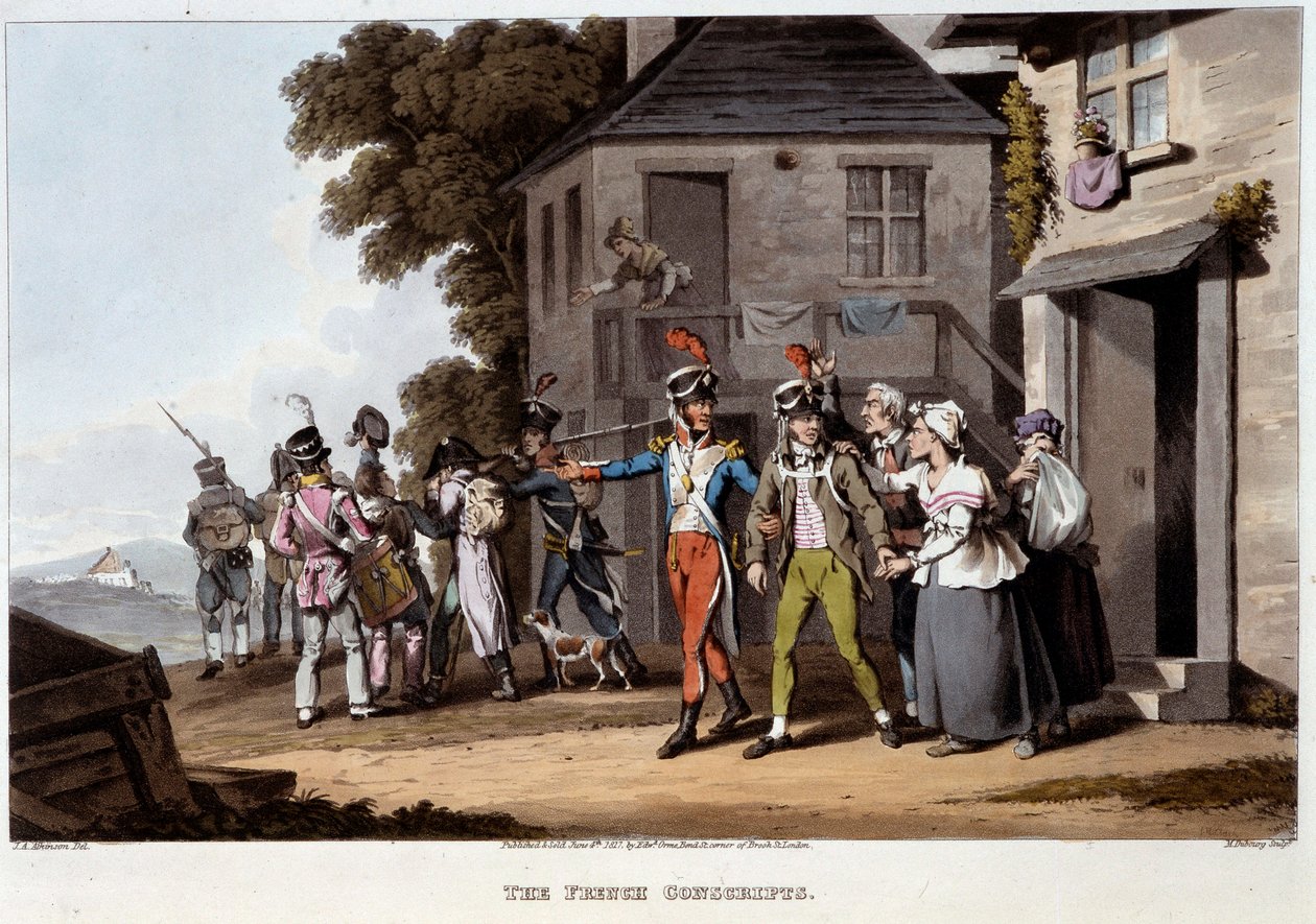 Francia hadkötelesek, 1814 körül - Edward Orne: „” Történelmi, katonai és haditengerészeti anekdoták és események, amelyek Nagy-Britannia és szövetségeseik fegyvereihez érkeztek, Waterloo-ban végződve” alkotó: Unknown artist