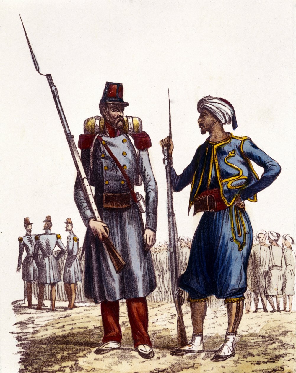 Francia katonai egyenruha: Bal oldalon egy idegenlégió alakult, amelyet 1831-ben Algériába küldtek. Jobb oldalon bennszülött lovasok, akiket 1841-ben képeztek ki és küldtek Algériába. In L