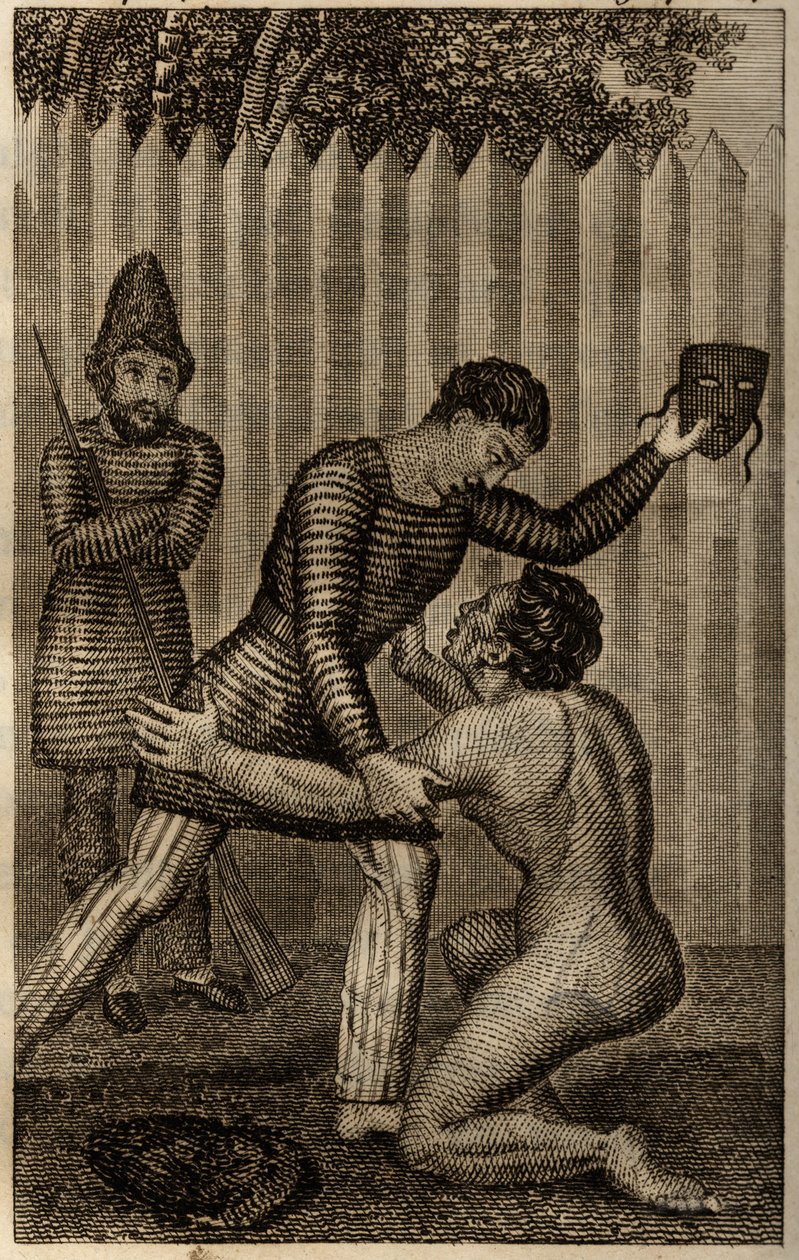 Péntek Robinson Crusoe karjaiba vetődik, Daniel Defoe „Les aventures de Robinson Crusoe” című metszetét alkotó: Unknown artist