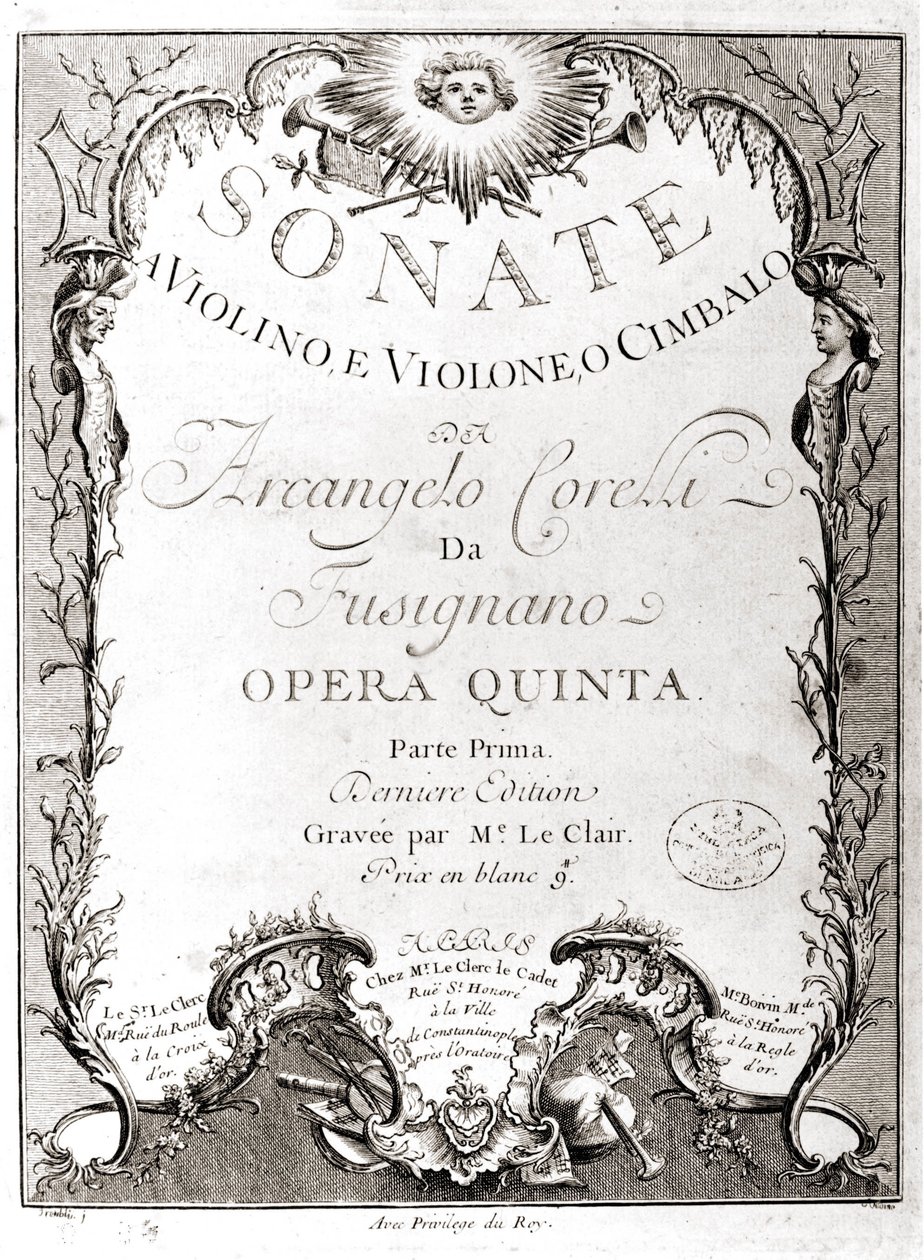 Arcangelo Corelli (1653 - 1713) 12 szonátájának előképe hegedűre, basszusgitárra és csembalóra. Francia változat. alkotó: Unknown artist