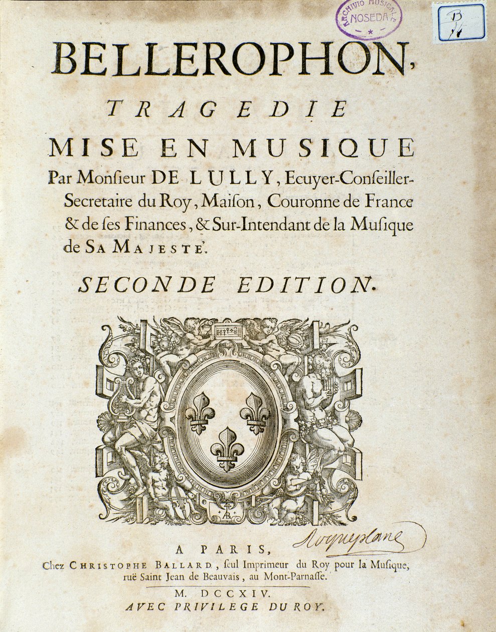 A „” Bellerophon „” Lyrique tragédiájának frontképe öt felvonásban Jean Baptiste Lully (Giovanni Battista Lulli) (Jean-Baptiste) (1632-1687) prológusával. 1714. alkotó: Unknown artist