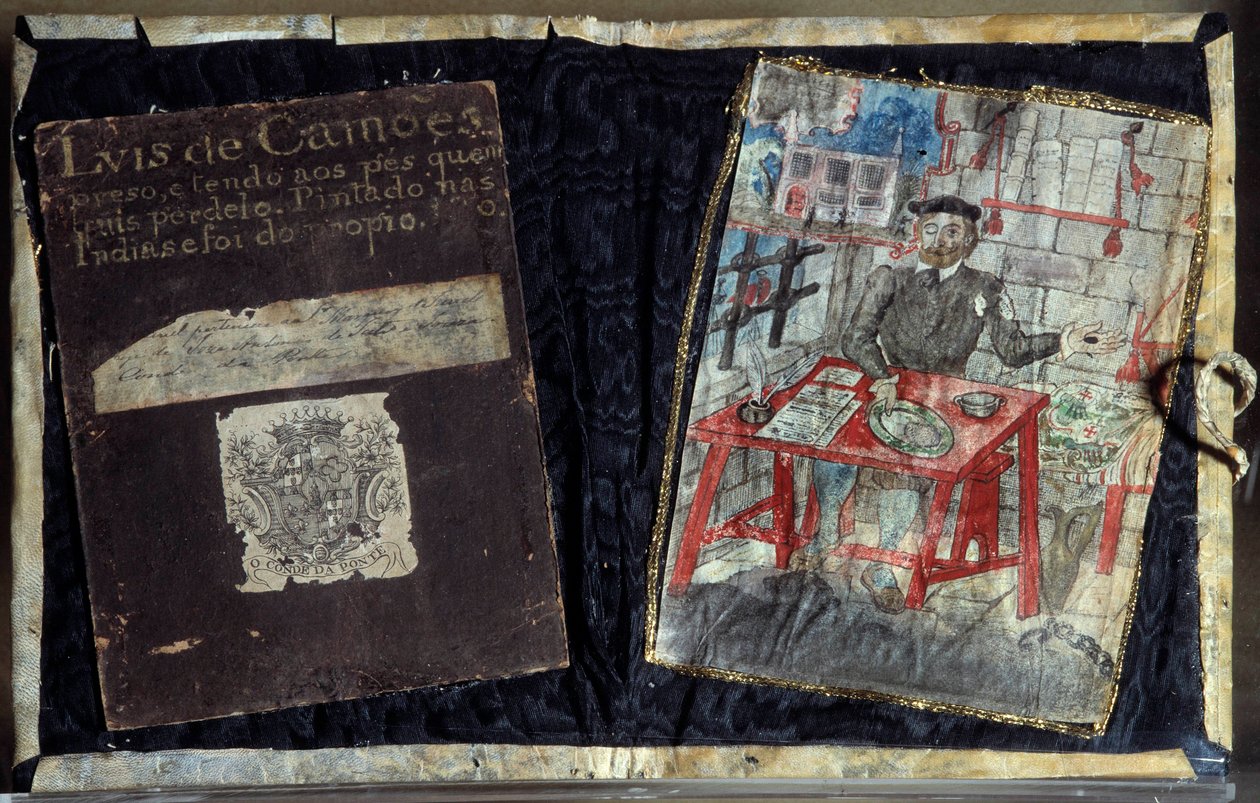 Luis Vaz de Camoes portugál költő, a Camoans (1525-1580) versgyűjteményének előlapja. A költő ott van börtönben. Lisszabon, Nemzeti Ókori Művészeti Múzeum alkotó: Unknown artist