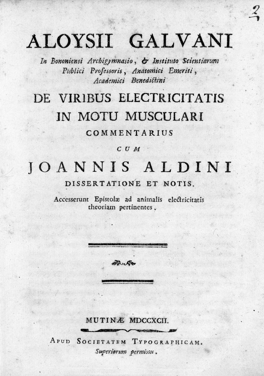 A ""De Viribus Electricitatis in Motu Musculari Commentarius" előlapja"" Luigi Galvani olasz fizikus értekezése az elektromosság keringéséről az állatok izomzatában alkotó: Unknown artist