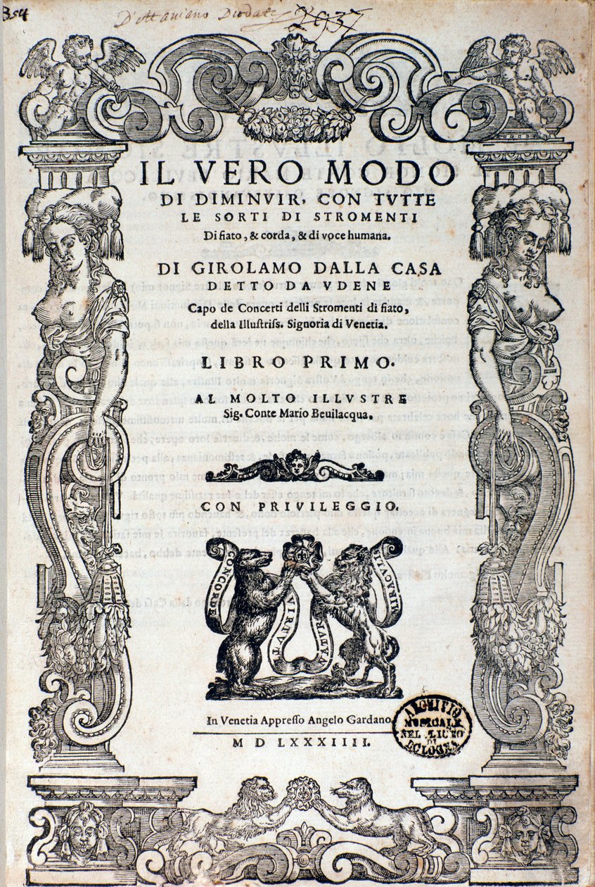 Girolamo Dalla Casa "" Il vero modo di diminuir "" ornamentikáról szóló értekezésének előképe alkotó: Unknown artist