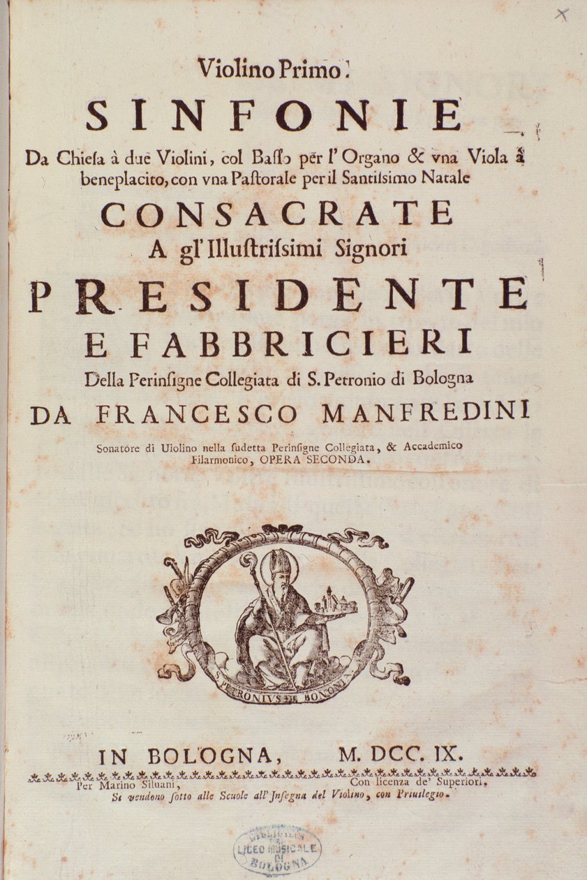 Francesco Manfredini Sinfonia da chiesa kotta és két hegedű előlapja alkotó: Unknown artist