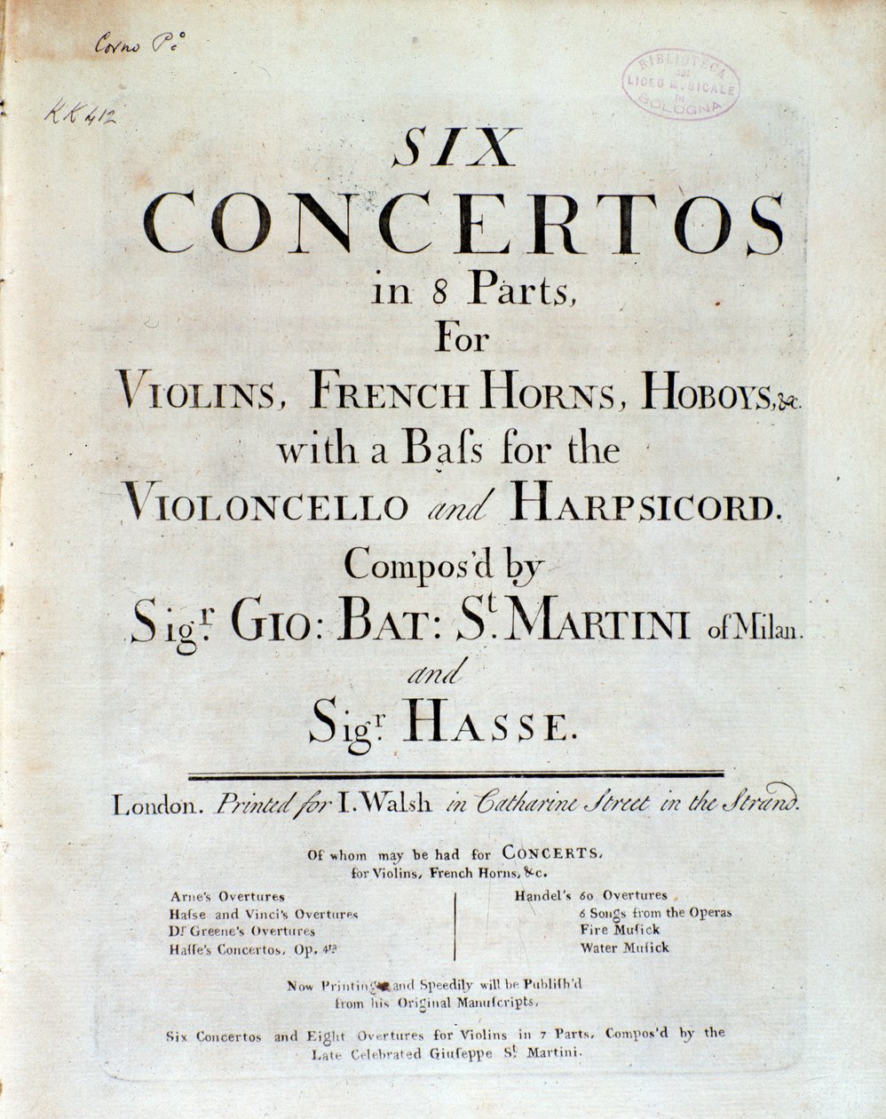 G. B. Sammartini és J. A. Hasse hat versenymű 8 részes partitúrájának előképe alkotó: Unknown artist