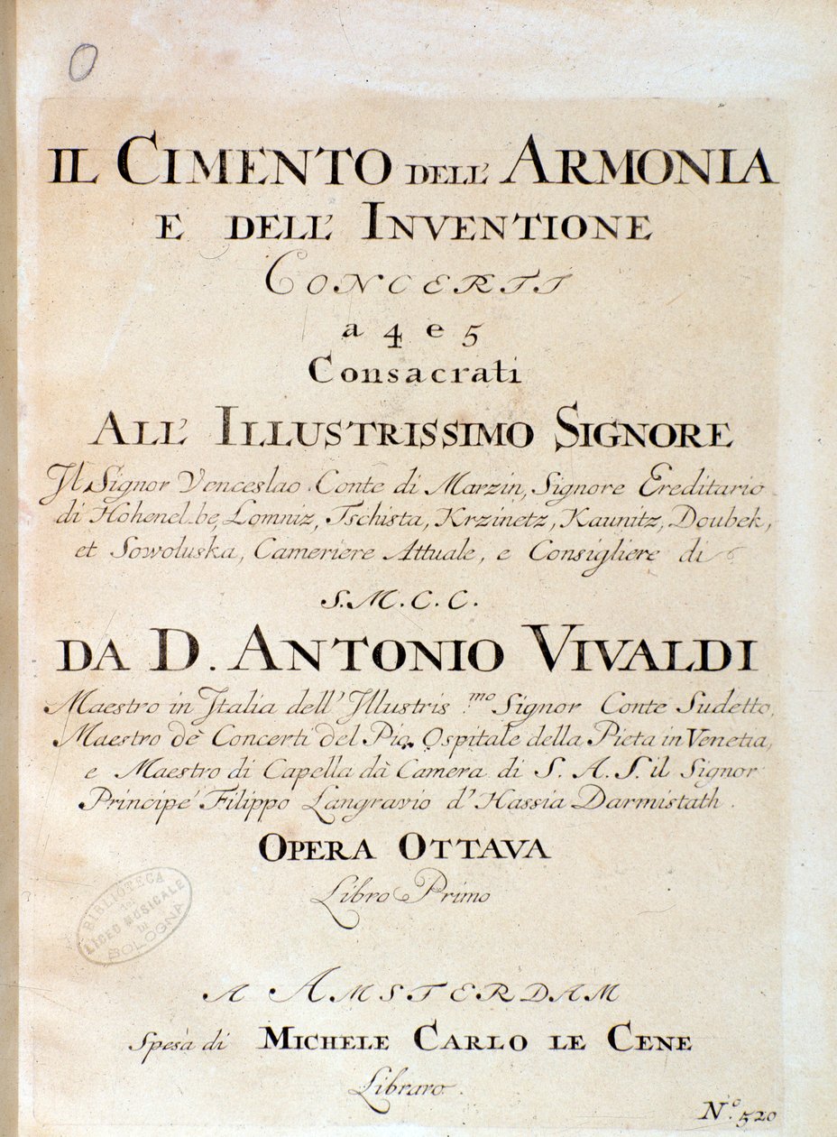 A hegedű partitúrájának előképe az V. hangversenyben Antonio Vivaldi olasz zeneszerző harmónia és találmány próbájában alkotó: Unknown artist