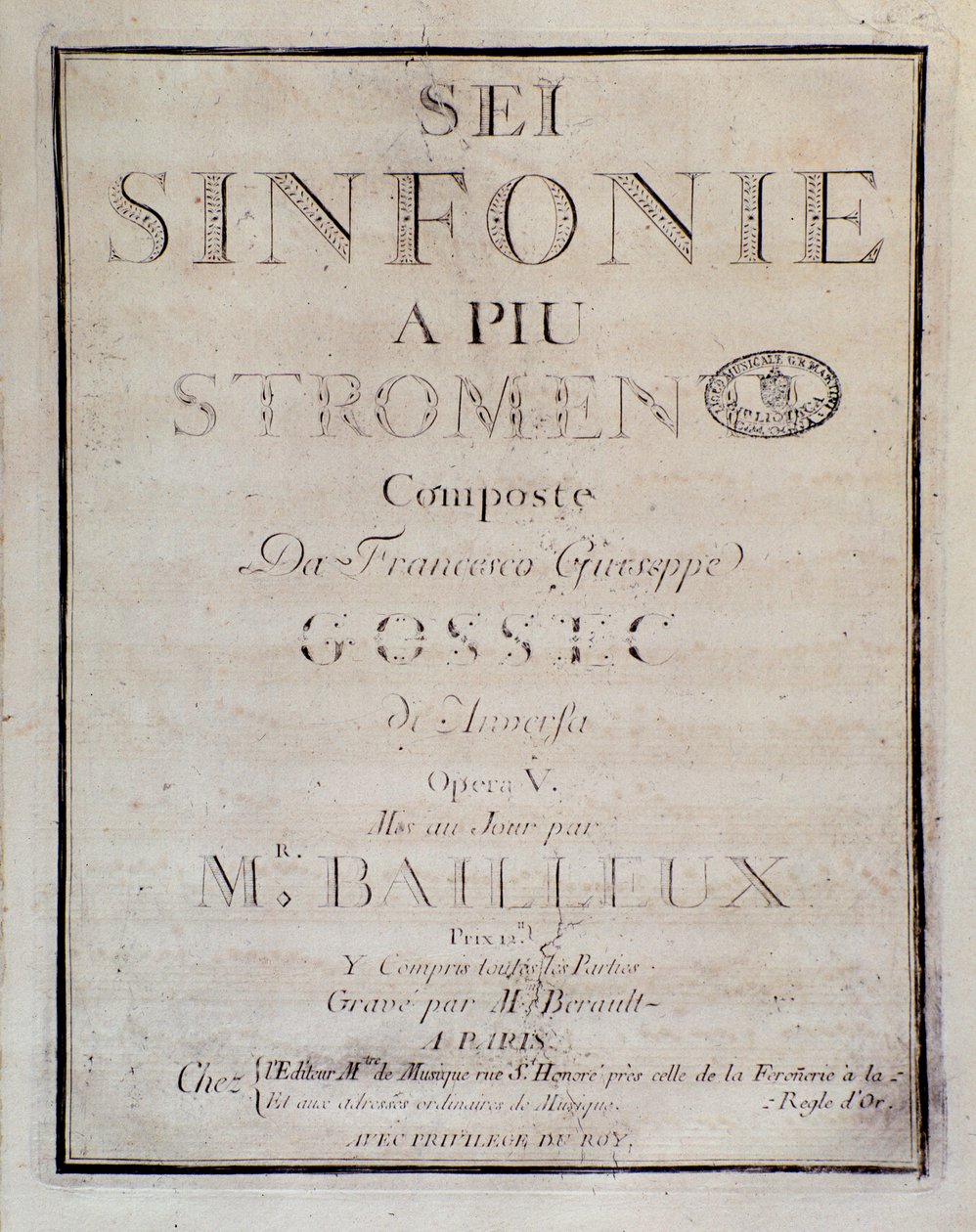 A Sei sinfonie a piu strumenti op. partitúrájának frontképe. 5 (első szimfónia), Francois Joseph Gossec alkotó: Unknown artist