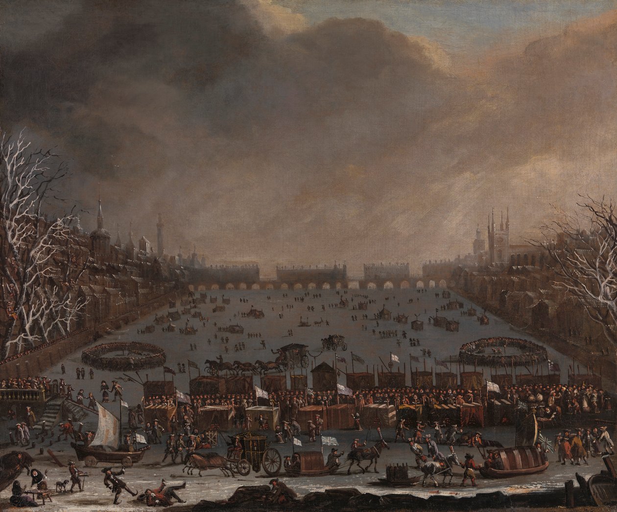 Frost Fair a Temzén, az Old London Bridge-vel a távolban alkotó: Unknown artist