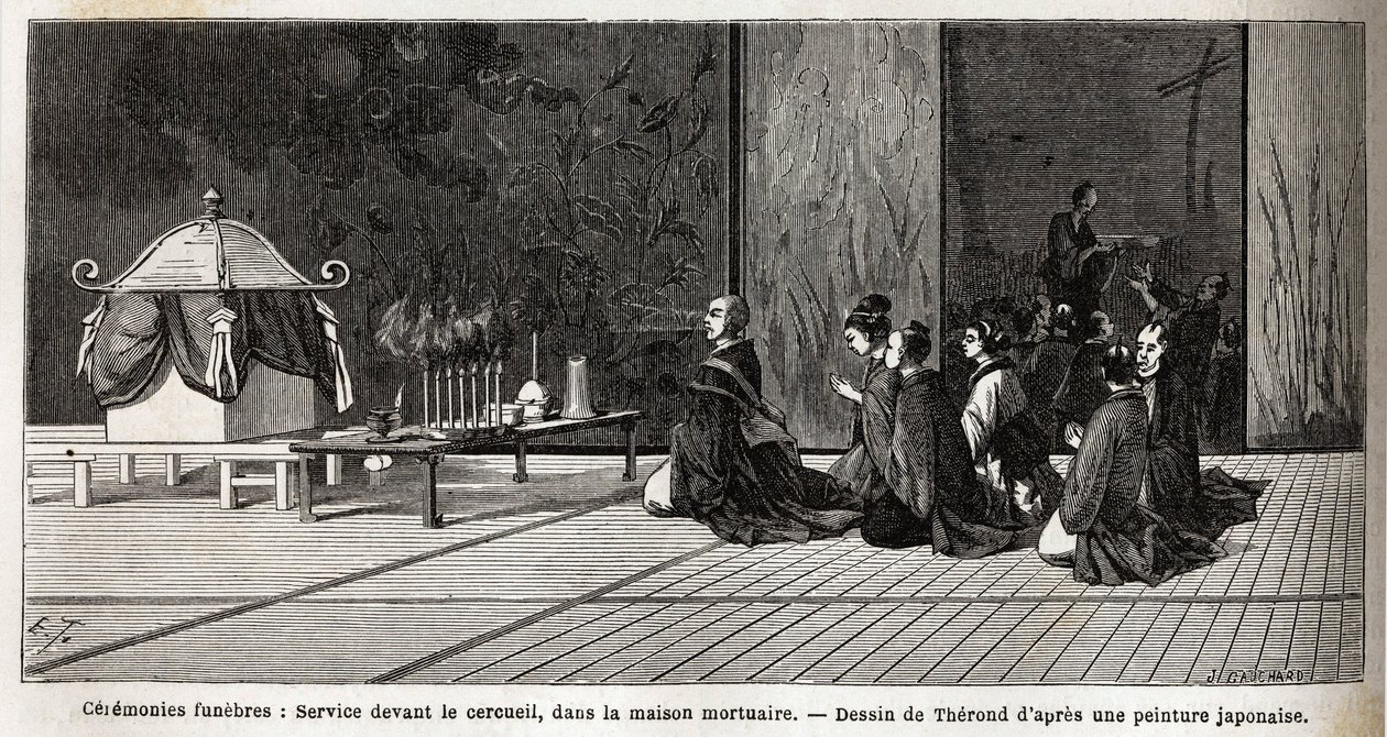 Temetési szertartások: istentisztelet a koporsó előtt, a ravatalozó házban. Aime Humbert, a Svájci Államszövetség minisztere, a „Le tour du monde, nouveau Journal des voyages” című könyvében megjelent metszet az 1863–1864-es japán utazást szemléltetve. alkotó: Unknown artist