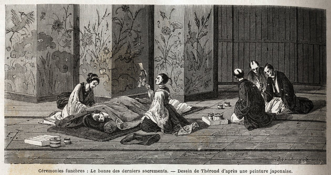 Temetési szertartások: az utolsó szentségek szerzetese. Aime Humbert, a Svájci Államszövetség minisztere, a „Le tour du monde, nouveau Journal des voyages” 1863–1864-es japán utazását illusztráló metszet, amelyet Edouar irányítása alatt adtak ki. alkotó: Unknown artist